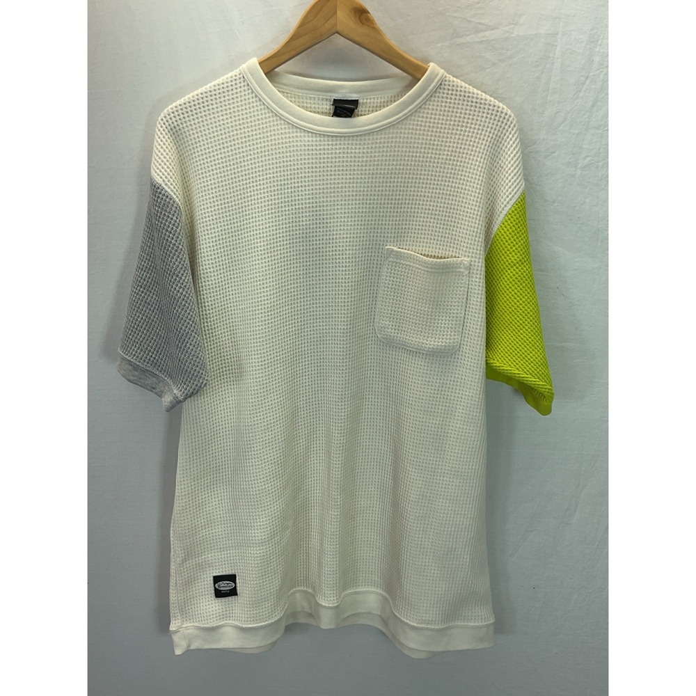 NEW Manastash Shirt Mens XL Cream Contrast sleeve Waffle Thermal Crewneck S/S